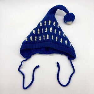 Vintage Blue Knit Kids Elf Hat With Pom Pom & Ear Flaps